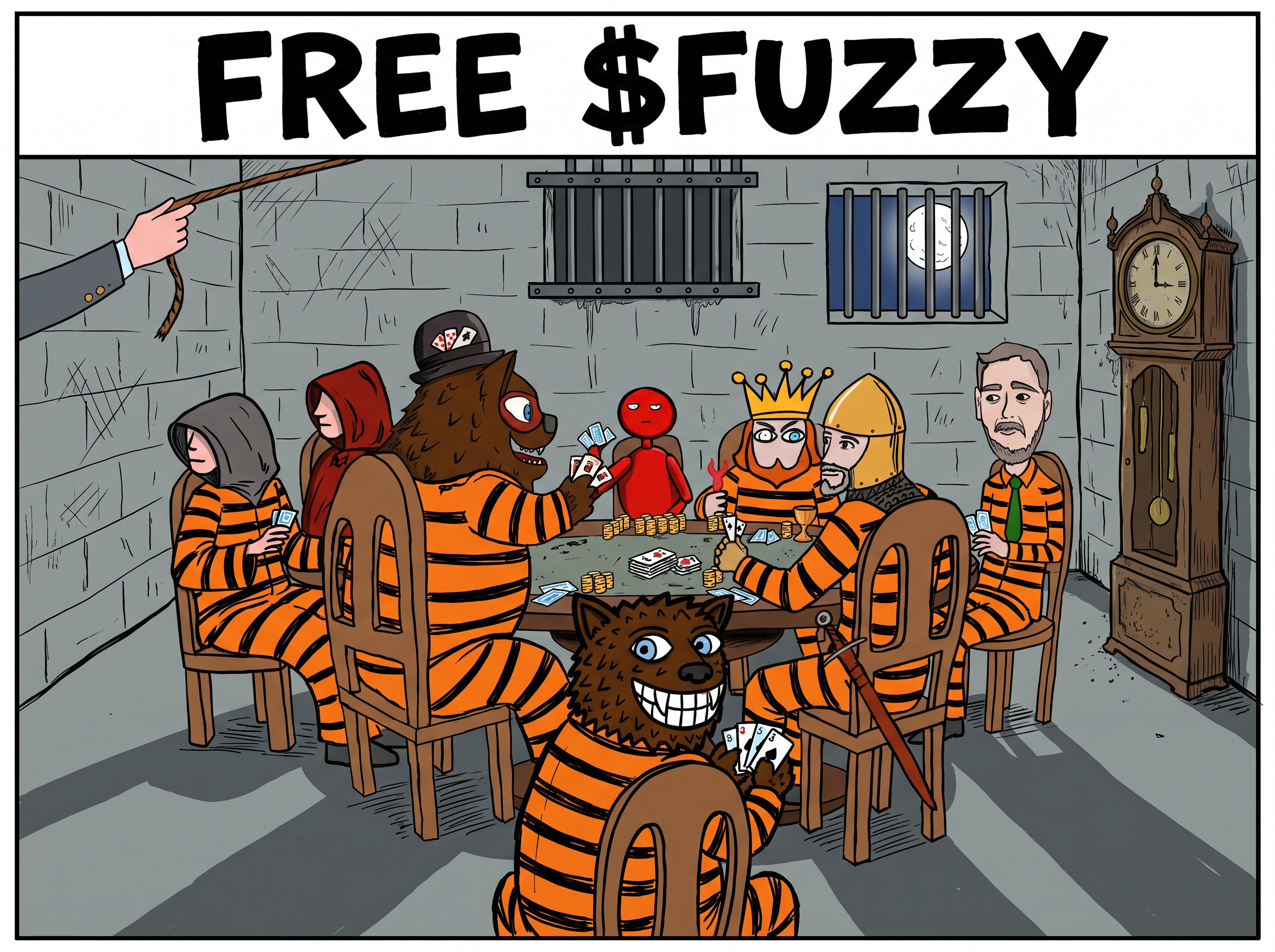 FREE $FUZZY — BearableGuy123 poker table reimagined in a prison cell with FuzzyBears joining in orange jumpsuits