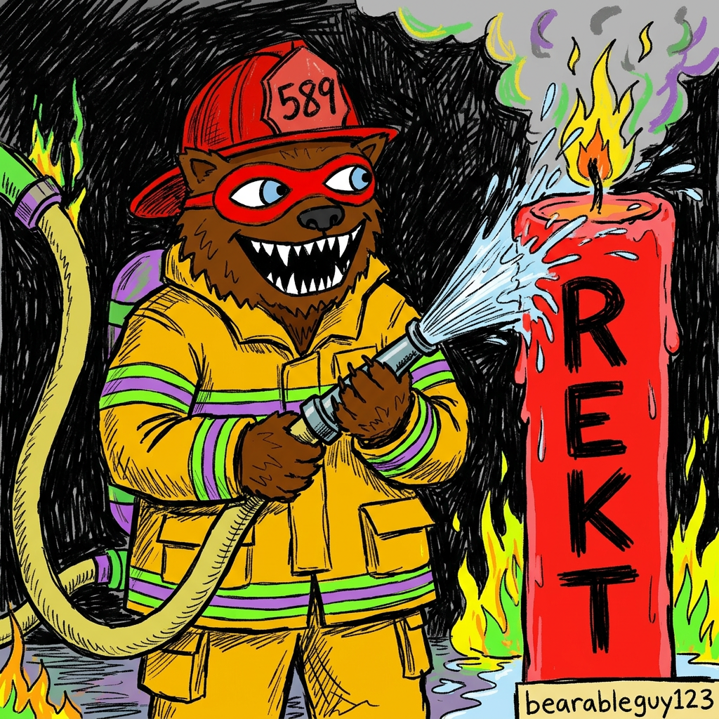 Firefighter bear putting out FUD